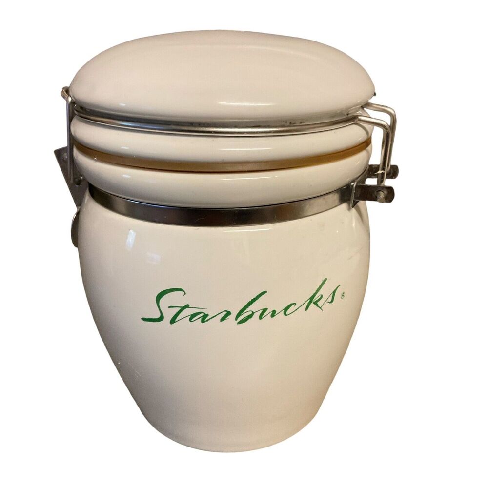 Starbucks White Ceramic Storage Jar with Green Logo and Silver Clasp